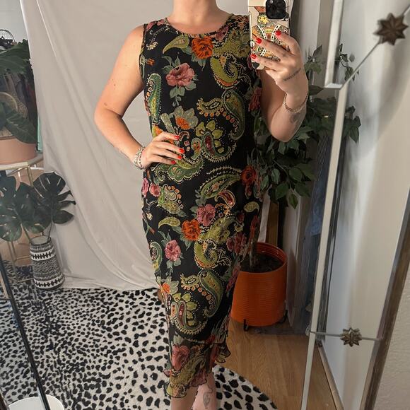 Vintage Dresses & Skirts - Vintage Floral Paisley Sequin Midi Sheath Dress Black Medium
